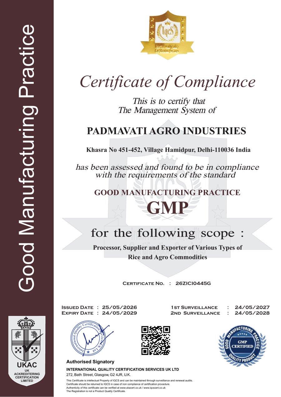 GMP certificate — first page — Padmavati Agro Industries