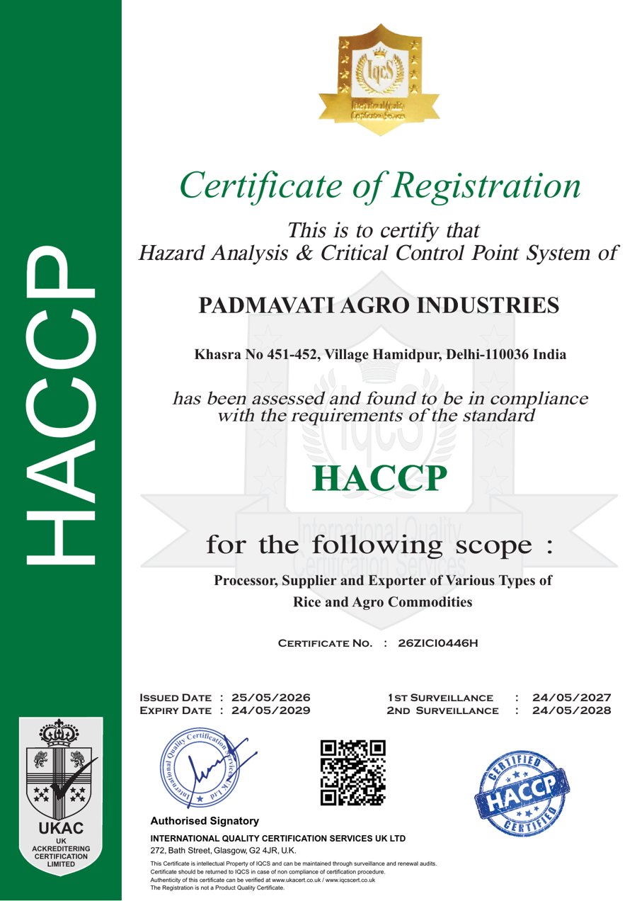 HACCP certificate — first page — Padmavati Agro Industries