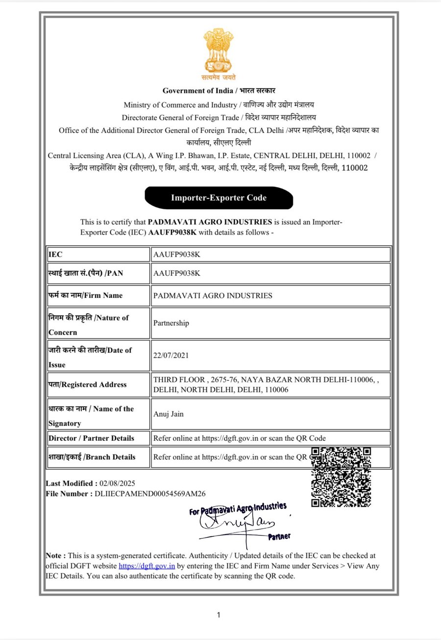 Importer-Exporter Code certificate — first page — Padmavati Agro Industries