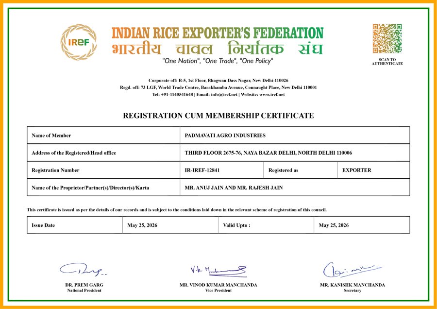 IREF Membership certificate — first page — Padmavati Agro Industries
