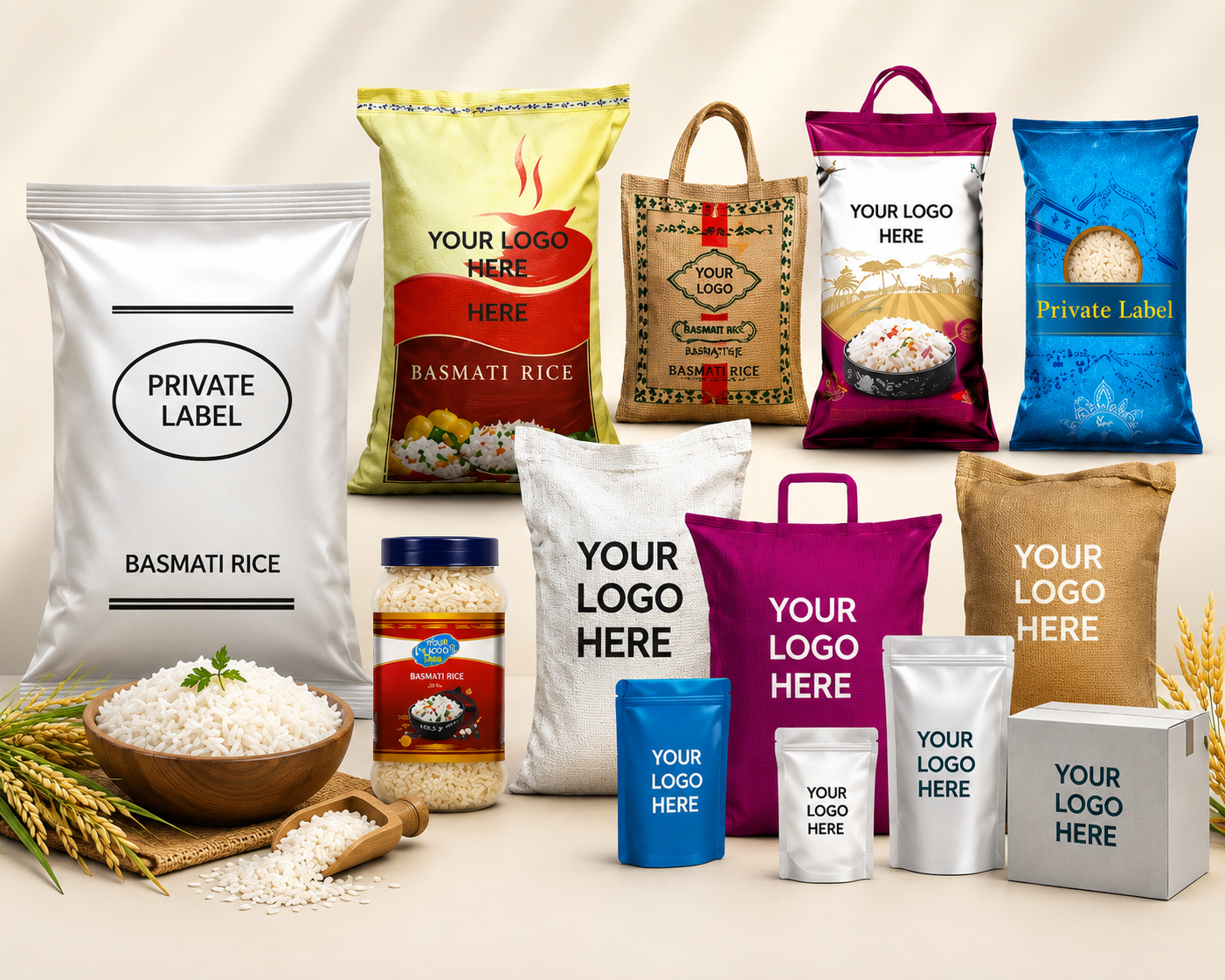 Private label packaging mockups — pouches, woven bags, jars and boxes with your logo